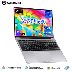 VANWIN PC portable-16.5" Fullview 2560*1620 - 24 Go RAM 512 Go SSD -Intel Alder Lake N95 - Windows 11 PRO -Rotation à 180° -Gris Sidéral-AZERTY