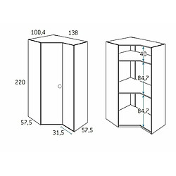 Inside 75 Armoire d'angle pan-coupé droite 2 portes 138 x 220 cm finition chêne blanchis intérieur double