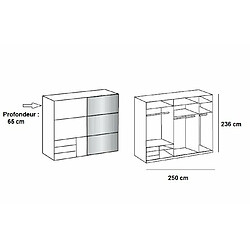 Inside 75 Armoire coulissante LISBETH 1 porte 3 tiroirs blanc 1 miroir 250 x 236 cm hauteur