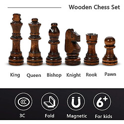 Avis Universal Le jeu d'échecs en bois avec 34 pièces est réglé avec une grande planche magnétique pliée avec 34 pièces stockées à l'intérieur. Le jeu d'échecs de voyage portable est réglé pour les enfants.