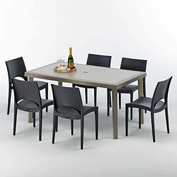 Grand Soleil Table rectangulaire et 6 chaises Poly rotin resine ensemble bar cafè exterieur 150x90 Beige Marion, Chaises Modèle: Paris Noir anthracite