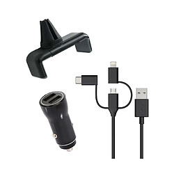 Muvit Pack Support Voiture Grip 360° + Chargeur Allume-cigare + Câble 3 en 1 Noir 