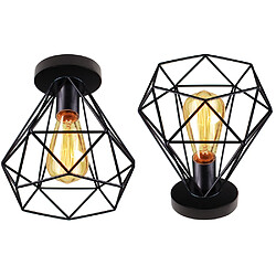 Stoex 2pcs Plafonnier cage design diamnt en métal fer 20cm, Lustres abat jours retro industriel luminaire E27 Edison , Noir 