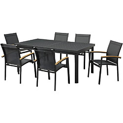 Vente-Unique Salle à manger de jardin en aluminium : une table extensible 180/240cm et 6 fauteuils empilables avec accoudoirs acacia - Anthracite - NAURU de MYLIA 