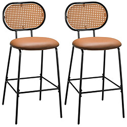 Helloshop26 Tabourets de bar lot de 2 dossier en rotin pe siège en cuir PU 75 cm de haut style vintage marron 20_0006579 