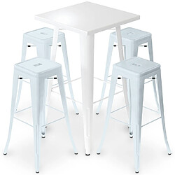 ICONIK INTERIOR Table de bar blanche + X4 tabourets de bar en acier mat Set Bistrot Stylix Design Industriel - Nouvelle édition Bleu gris