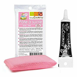 Scrapcooking Pâte à sucre rose 100 g + Stylo de glaçage noir