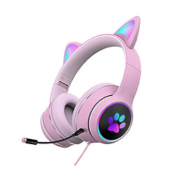 Casque de jeu câblé Casque filaire -auriculaire RGB LED Lumière Surround Sound Mignon Pliable Gamer Casque pour téléphones Tablette Enfants Cadeau 40mm Pilotes - rose