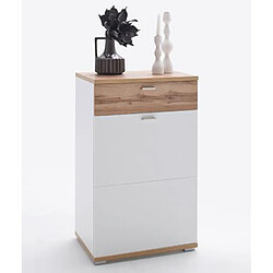 Pegane Commode à chaussures droite en mélaminé chêne wotan / blanc - Longueur 58 x Hauteur 95 x Profondeur 40 cm