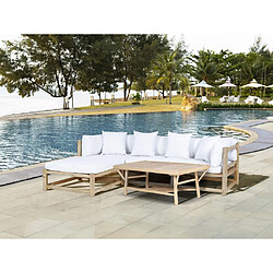 Vente-Unique Salon de jardin en teck : 1 canapé d'angle et 1 table basse - Naturel clair et blanc - TULUM de MYLIA 