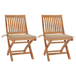 vidaXL Chaises de jardin lot de 2 et coussins beige Bois teck massif 