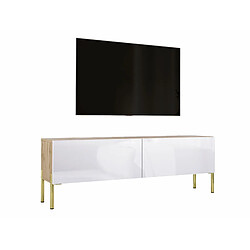 3XELIVING Meuble TV en couleur Chêne wotan / Blanc Brillant avec pieds droits en or, D: l : 140 cm, H : 52 cm, P : 32 cm