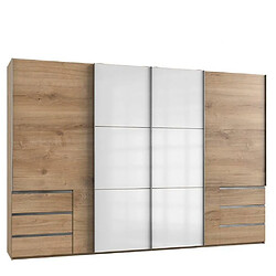 Inside 75 Armoire coulissante LISEA 4 portes 6 tiroirs chêne poutre verre blanc 350 x 236 cm HT 