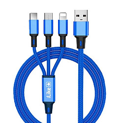 iLike CCI02BE Fil Tressé Durable USB 3en1 Ensemble de Câbles USB vers Micro USB / Lightning / Type-C 1m Bleu 