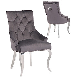 Vivenla Lot de 2 Chaises de salle à manger design capitonné revêtement en velours gris foncé et piètement baroque en acier inoxydable argenté collection ANGELO 