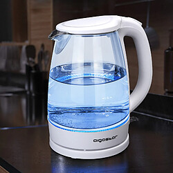 Aigostar Eve - Bouilloire de 1,7L et 2200W en verre borosilicaté avec illumination LED bleue. 0% BPA, protection contre l'ébullition à vide, arrêt automatique, filtre anticalcaire, base à 360°. Blanche.