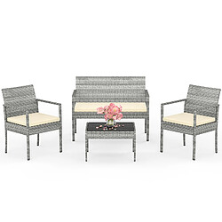 Salon de jardin - BIGZZIA - 4 personnes - avec coussin et table basse en verre - Gris