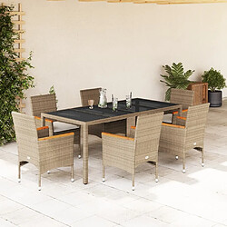 vidaXL Ensemble à manger de jardin et coussins 7 pcs beige rotin verre