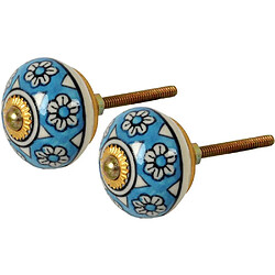 Tranquillo Bouton de porte rond bleu fleurs Lot de 2. Bouton de porte rond bleu fleurs Lot de 2