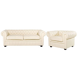 Beliani Ensemble canapé et fauteuil en cuir beige crème 4 places CHESTERFIELD 