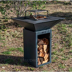 Grill' Chic PACK PRINTEMPS Braséro barbecue Le Cévenol 74x74x90 cm à DOUBLE CUVE avec range-bois alu gris anthracite