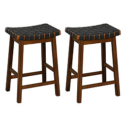 Helloshop26 Tabouret de bar lot de 2 en bois massif siège tissés de sangles en simili cuir hauteur d’assise 65 cm tabouret cuisine industriel marron 20_0005138