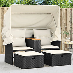 vidaXL Canapé de jardin 2 places avec auvent et tabourets noir rotin