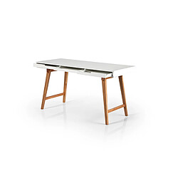 Bureau blanc mat avec piètement en bois massif - L140 x H75 x P58 cm -PEGANE-