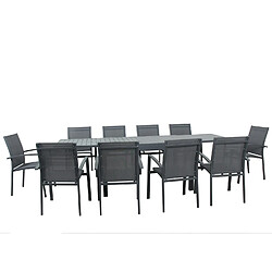 Avril Paris Table de jardin extensible aluminium 135/270cm + 10 Fauteuils empilables textilène Gris Anthracite - ANDRA pas cher