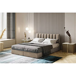 TRADA Lit adulte 200x200 cm CITY - avec matelas ressorts intégré, rangement et surmatelas - tissu velours – beige 