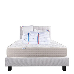 LUXURY LITERIE Ensemble matelas Dreamlux 140x190 cm + sommier gris ep20cm + 2 oreillers + couette + Tête de Lit