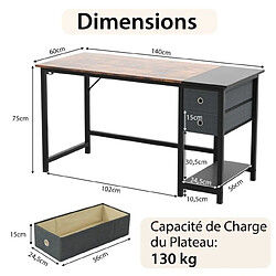 Helloshop26 Bureau de 140 cm poste de travail informatique moderne avec 2 tiroirs crochet de suspension étagère de rangement 140 x 60 x 75 cm marron rustique et noir 20_0007993 pas cher