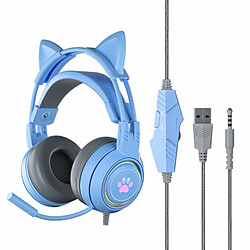 Mignon Chat Oreille Lumineux Filaire Casque Antibruit Haute Définition Microphone Stéréo Ergonomique Jeu Ordinateur Écouteur Bleu 