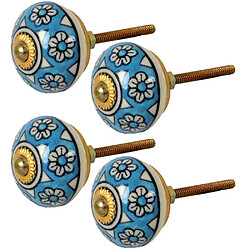 Tranquillo Bouton de porte rond bleu fleurs Lot de 4.