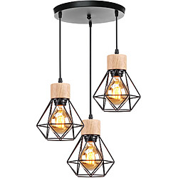 Stoex Suspension Luminaire Rétro Lampe À Suspension Vintage Noir À 3 Lumières, Plafonnier D'Intérieur Moderne en Métal Et en Bois 