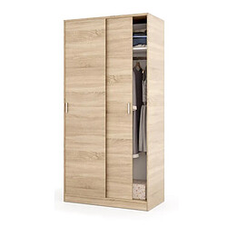 Armoire avec 2 Portes Coulissantes décor chêne canadien - Dim : L 100 cm x H 200 x P 50 cm -PEGANE- 