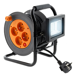 Enrouleur électrique 4 prises 16A 2P+T avec projecteur LED 10W - câble HO5VV-F 3G1 15m avec guide câble - Zenitech 