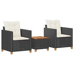 vidaXL Ensemble de bistro 3 pcs et coussins noir résine tressée acacia