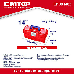 Boîte à outils en plastique EMTOP 14 Charge maximale 10Kg Boucle en métal Poignée haute résistance Couvercle supérieur avec trois zones de rangement Contient 1 plateau en plastique+EMTOP