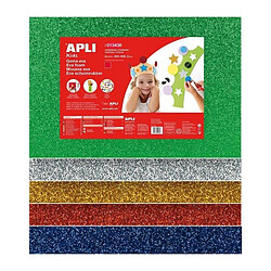 APLI Pochette 5 feuilles de mousse caoutchouc - Argent, or, rouge, bleu et vert a paillettes - Grand Format