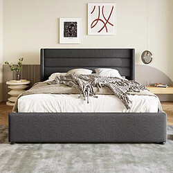 Sweiko Lit de rangement Cadre de lit Plateforme capitonné Sommier à lattes en bois Lit 140x200 cm en Lin Gris