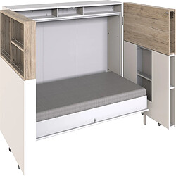 Avis Pegane Lit convertible en bureau coloris Blanc, rechampis imitation chêne San Remo - Longueur 216 x Hauteur 115 x Profondeur 61 cm 