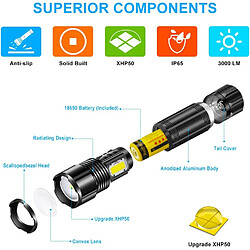 BESTA Lampe de Poche LED Ultra Puissante, USB Rechargeable CREE P50 Lampe Torche, 3000 Lumens Super Lumineuse 5 Modes d'éclairage Etanche Torche avec 18650 Batterie pour Camping Randonnée