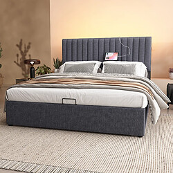 KOMHTOM 140x200cm gris lit rembourré stockage lit double LED app Control Bed avec fonction de charge USB type C, tête de lit réglable (avec matelas) pas cher