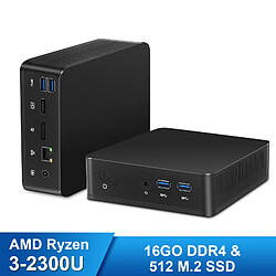 VANWIN Mini PC AMD Ryzen 3-2300U (jusqu'à 4,3 GHz) 16Go DDR4 512Go M.2 NVMe SSD Mini Ordinateur USB3.0*2 HDMI Gigabit-Ethernet Dual-Band Wi-FI 2.4/5.0G BT5.2-Noir 