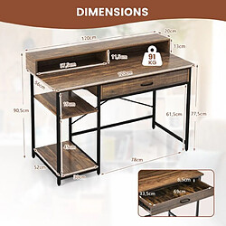 Avis Helloshop26 Bureau d'ordinateur avec étagère pour moniteur bureau informatique avec tiroir de rangement et 2 étagères ouvertes style industriel 120 x 56 x 90,5 cm marron 20_0007985