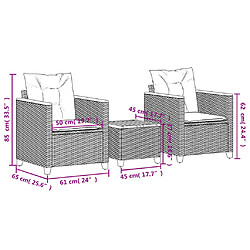 vidaXL Ensemble de bistro 3 pcs et coussins noir résine tressée acacia pas cher