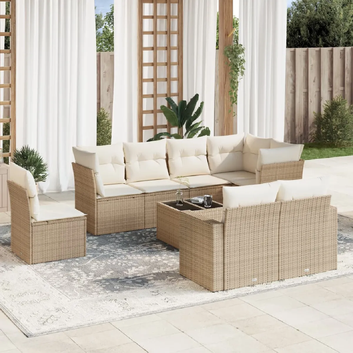 vidaXL Salon de jardin avec coussins 9 pcs beige résine tressée 