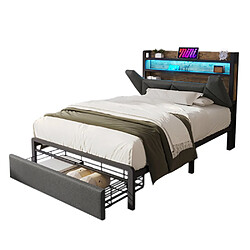 Sweiko Lit adulte 90x200 cm Lit avec tiroirs Lit rembourré avec fonction de chargement USB Type C Lit simple avec sommier à lattes en métal Avec matelas Gris 