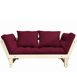 Inside 75 Banquette méridienne futon BEAT pin naturel tissu bordeaux couchage 75*200 cm.